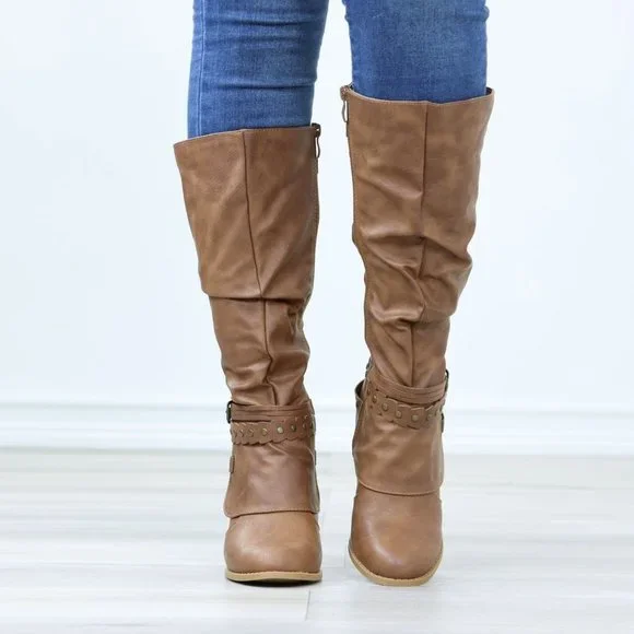 Motorcycle Heeled Boots For Rocker Biker Girls Below The Knee Tan Faux Leather - Picture 9 of 15